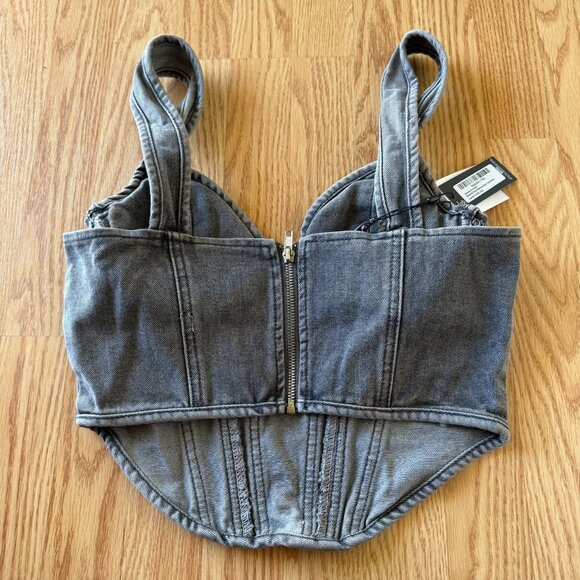 PrettyLittleThing Washed Grey Dip Hem Denim Corset Top Size 6 Bustier Bust Cup - Picture 4 of 9